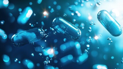 Floating blue capsules medical illustration