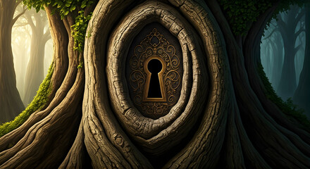 Enchanted Forest Keyhole in Ancient Tree Trunk with Ornate Metal Detail