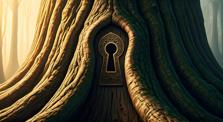 Mysterious Ornate Keyhole Embedded in Ancient Tree Trunk in an Ethereal Forest Setting