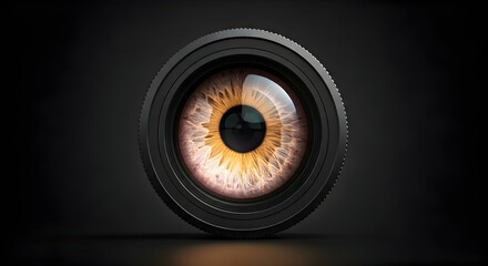 Close up of a Camera Lens with a Human Iris Blended Seamlessly, Symbolizing Vision and Technology Merging