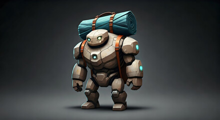 Robot Adventurer Carrying a Rolled Sleeping Mat on Its Back, Posed on a Dark Background