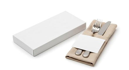 White Gift Box with Cutlery and Napkin Mockup