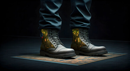 Futuristic Combat Boots Adorned with Enchanted Forest Imagery and Glowing Accents, Standing on a Textured Mat