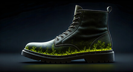 Black Combat Boot with Growing Green Plants Emanating from the Sole and Sides
