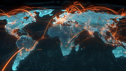 Global network of digital connections and data flow across the world map