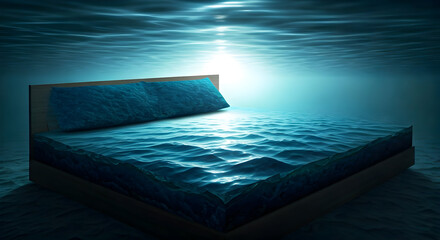 Surreal Underwater Bed with Rippling Water Surface and Sunlight Rays