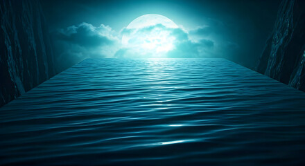 Enigmatic Pathway over Tranquil Water Under a Luminous Full Moon and Clouds, Framed by Dark, Textured Cliffs