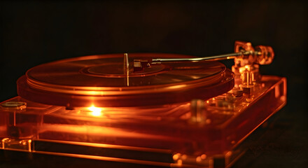 Close up of a Vintage Orange Translucent Record Player with a Stylus on a Spinning Vinyl Record, Illuminated by Warm Lights