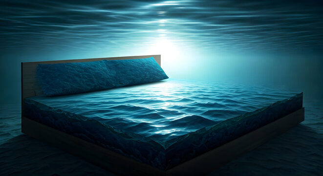 Surreal Underwater Bed with Rippling Water Surface and Sunlight Rays