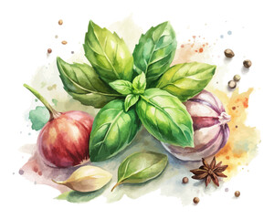 basil Watercolor herbs and spices vector illustration