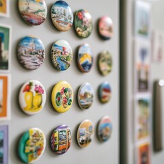 Colorful Magnets Displayed on a Wall with Scenic Views and Art