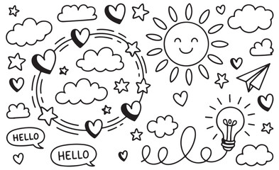 Fototapeta premium Cute Doodle Collection: Sun, Clouds, Hearts & More!