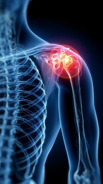 Medical illustration of shoulder pain with X-ray effect. Human, body, 3d, joint inflammation, nerve pain, orthopedic, health, diagnosis, visuals, skeletal, bone, chest, thoracic, cage concept.