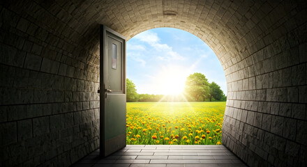 Open Doorway Leading from Dark Tunnel to Bright Sunny Meadow Filled with Yellow Flowers and Green Trees