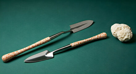 Elegant Gardening Tools with Decorative Handles and a Natural Coral Specimen on a Dark Green Surface