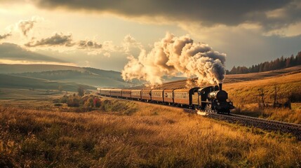 Steam train golden hour landscape