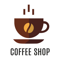 A coffee shop logo featuring a steaming coffee cup with a coffee bean