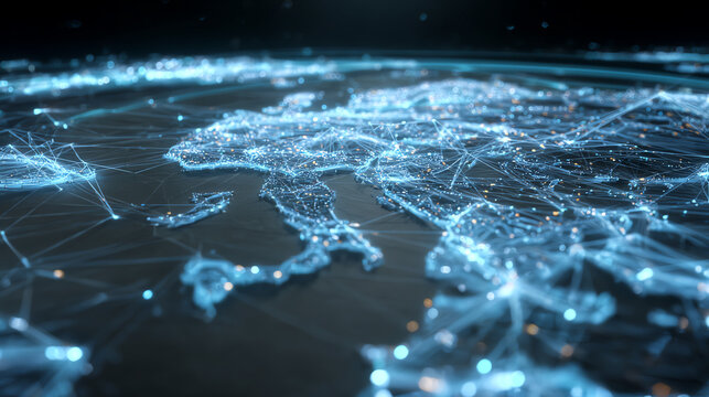 A modern digital map of Europe showing interconnected data networks illuminated in blue, highlighting technological advancement.