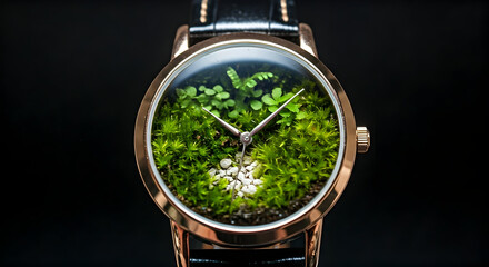 Close up of a Unique Wristwatch Featuring a Miniature Living Terrarium as Its Dial