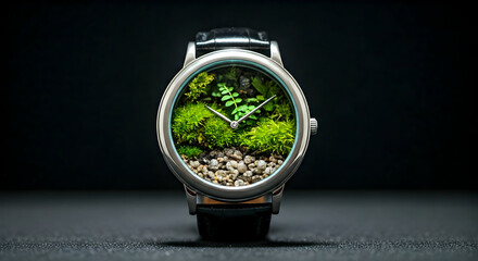 Close up Macro View of a Unique Wristwatch Featuring a Miniature Living Terrarium as Its Dial