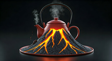 Red Teapot Perched Atop a Fiery Volcano on a Black Background, Emitting Steam