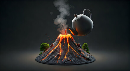 Surreal Scene of a Teapot Pouring Lava into an Active Volcano with Small Trees