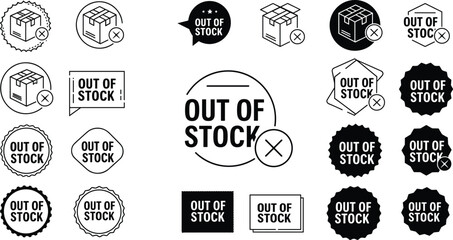 Out of stock icons, package symbols, inventory shortage, product unavailable, sold out labels, delivery delay, shipping alerts, stock notifications.