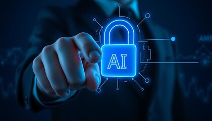 Hand pointing at AI security padlock with financial graph in background artificial intelligence technology