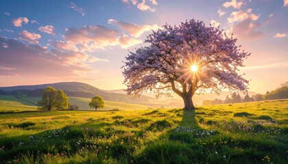 Fototapeta premium A blossoming tree stands tall in a sun-drenched meadow at sunrise, casting a peaceful and vibrant ambiance.