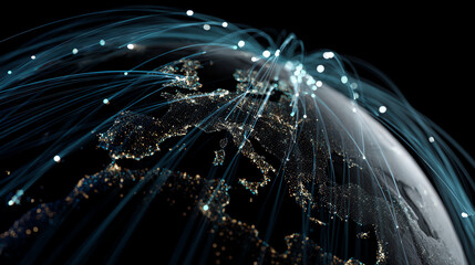 A stunning visualization showcasing global connectivity through illuminated digital pathways across the Earth at night.