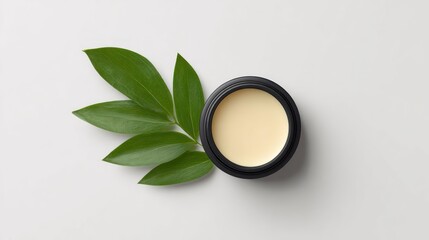 Natural Skin Care Cream in Black Jar with Green Leaf on Surface