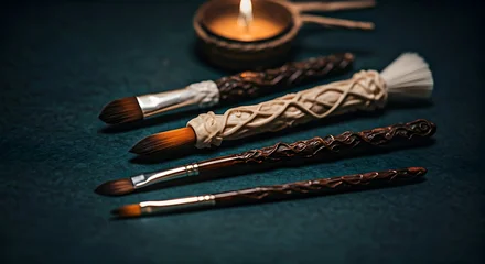 Handdoek met foto Meisjeskamer Artistic Paintbrushes with Ornate Handles Arranged with a Candle and Holder on a Dark Textured Surface  © Kashi