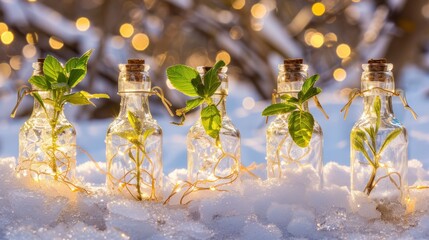 Glass Bottles with Green Plant Cuttings in Snow Under Warm Fairy Lights