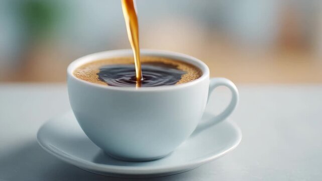 Coffee Pouring into the Porcelain Cup: A close-up shot of freshly brewed coffee cascading gracefully into a pristine white porcelain cup, creating a visual feast of rich colors and textures.
