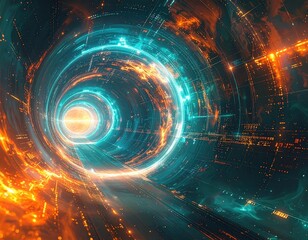 A vibrant, futuristic tunnel unfolds with glowing circular patterns and a mix of orange and teal hues.