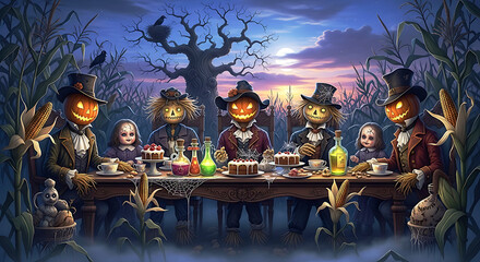 Halloween Scarecrow Family Dinner Party In Cornfield pumpkin jack-o-lantern