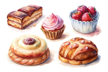 Bakery Watercolor Set with Bread, Pastries, and Cakes vector illustration