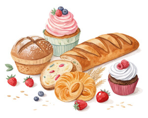 Bakery Watercolor Set with Bread, Pastries, and Cakes vector illustration