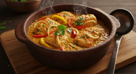 Fish stew on a rustic wooden table