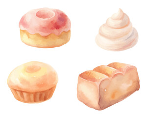 Bakery Watercolor Set with Bread, Pastries, and Cakes vector illustration