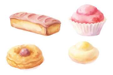 Bakery Watercolor Set with Bread, Pastries, and Cakes vector illustration