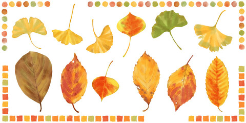色とりどりに紅葉した落ち葉とコーナーフレーム　手描き水彩タッチのイラストセット