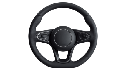 Modern black car steering wheel with perforated leather detail for driving