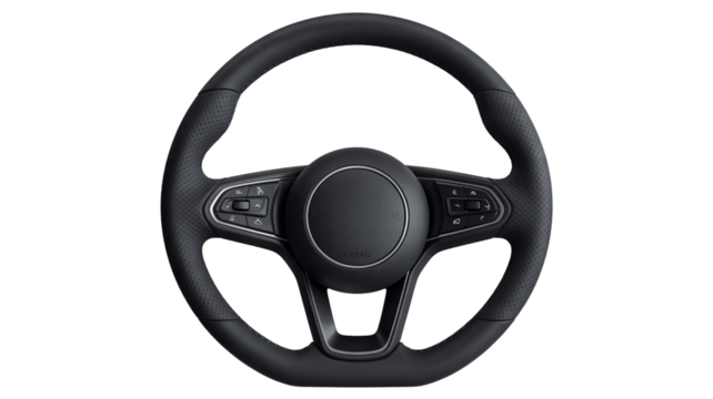Modern black car steering wheel with perforated leather detail for driving