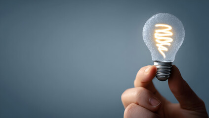 A hand holding a glowing light bulb symbolizing innovation, creativity, and ideas against a simple gray background.
