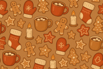 Warm seamless pattern with Christmas icons like mittens, cocoa mugs, stockings, candles, and gingerbread cookies. Represents cozy festive atmosphere.