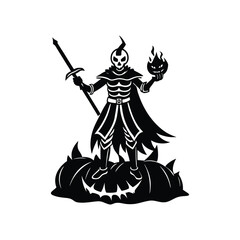 Vector art of silhouette of a skeleton warrior with a sword and flaming pumpkin head