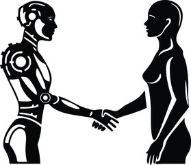 Vector art of robot and human shaking hands, symbolizing cooperation and future technology