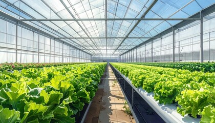 Rows of vibrant green lettuce plants thrive in a spacious, modern greenhouse, bathed in natural sunlight.