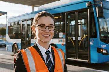 A female bus operator in safety vest stands in front of a blue bus, engaged in public transportation work.